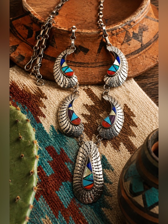Native American Jewelry - Native American Sterling Silver Turquoise Opal Multi Stone Inlay Bib Necklace
